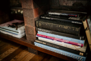 design books sitting on a shelf