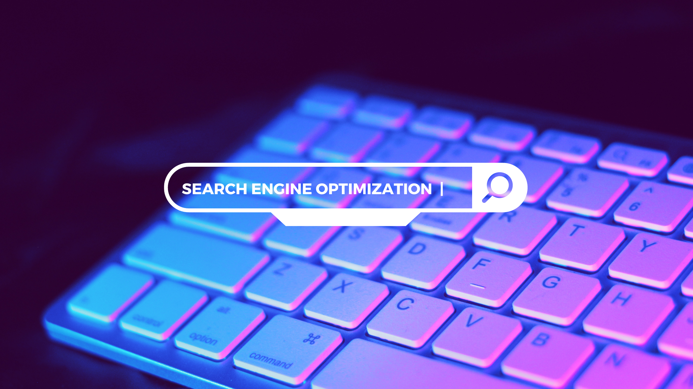 Computer keyboard and search bar with "SEARCH ENGINE OPTIMIZATION" typed in for keyword research and analysis