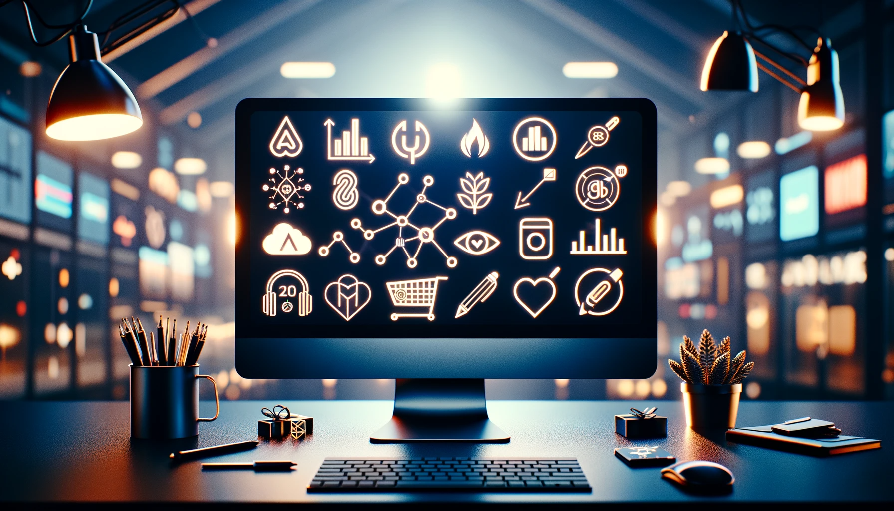 Computer full of icons and apps to use for marketing research in 2024